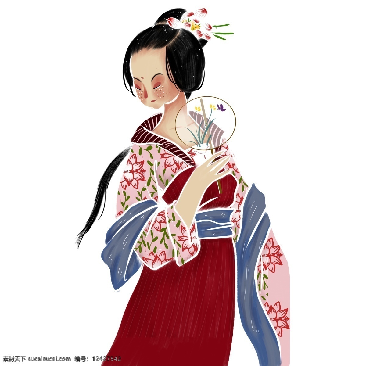 精美 古风 人物 女子 花纹 卡通 彩色 小清新 创意 手绘 绘画元素 现代 简约 装饰 图案