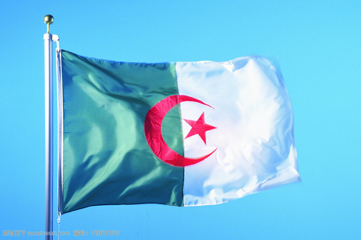 阿尔及利亚 国旗 飘扬 旗杆 旗帜 天空 文化艺术 摄影图库