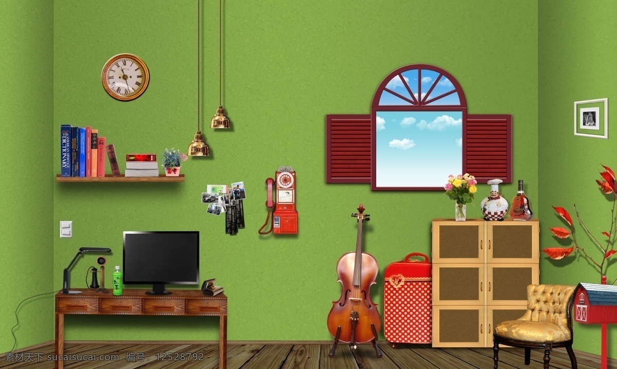 室内装饰 家居 家具 小提琴 窗户 书桌 分层 源文件