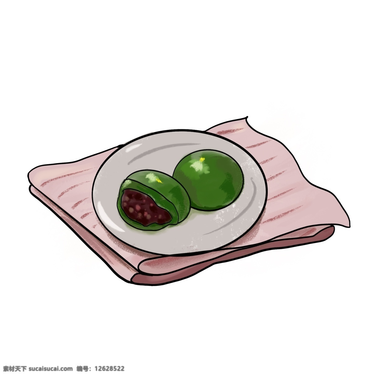 两个 美食 青团 插画 两个青团 绿色团子 团子 食物 盘子 毛巾 美食青团 美味的青团 团子插图