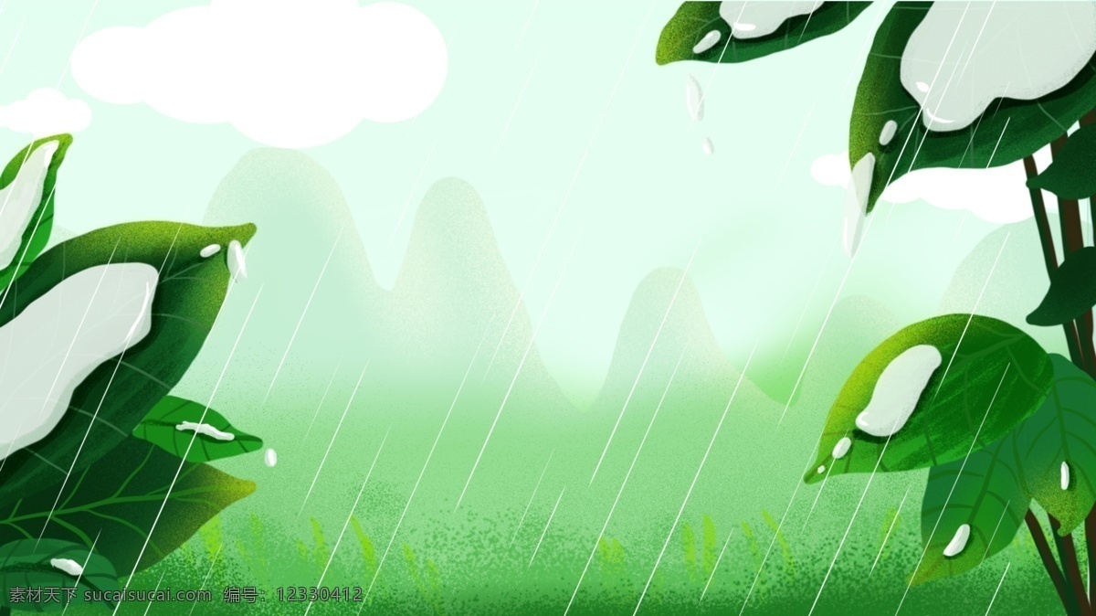 夏季 绿色 下雨 背景 夏天 绿叶 谷雨 广告背景 手绘背景 促销背景 背景展板图 背景图