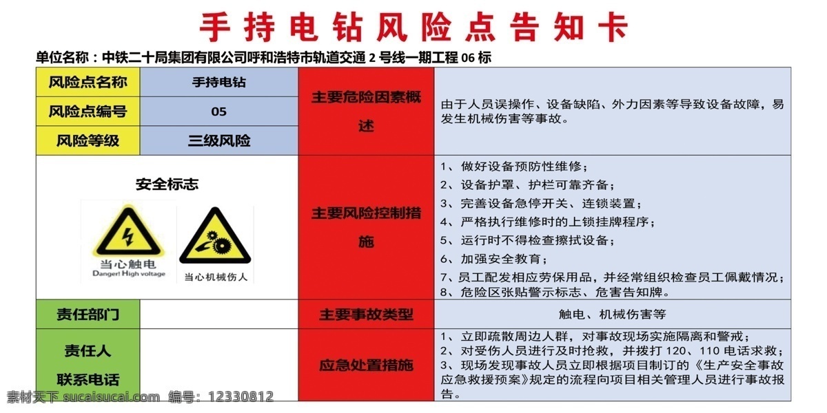 风险点告知卡 风险源告知卡 中国铁建 告知卡 手持电钻