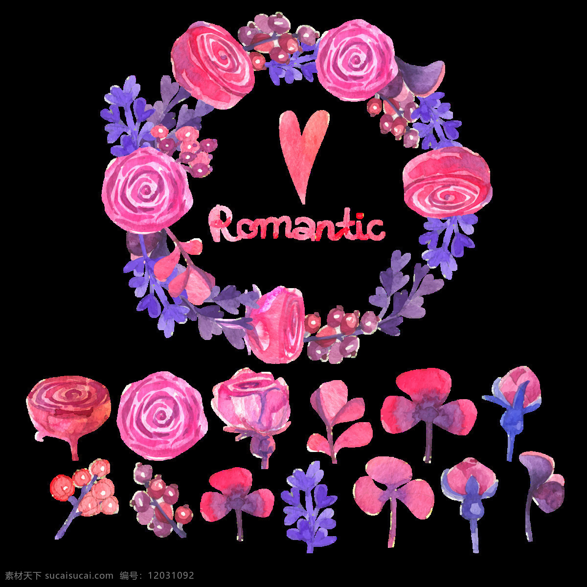 浪漫 玫瑰花 手绘 花环 装饰 元素 爱心 花瓣 花环图案 玫红色 英文字体