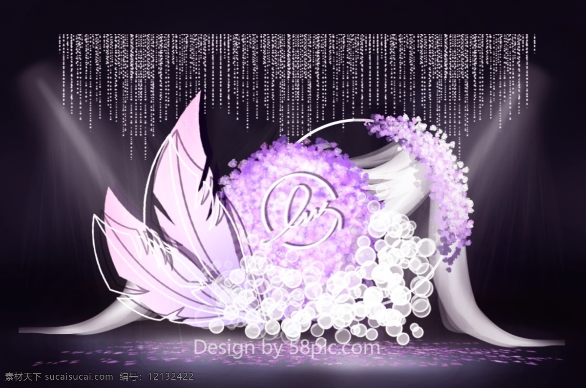 紫色 简约 浪漫婚礼 迎宾 区 效果图 羽毛 花墙 花瓣 透明气球 铁环 纱幔 婚礼迎宾区
