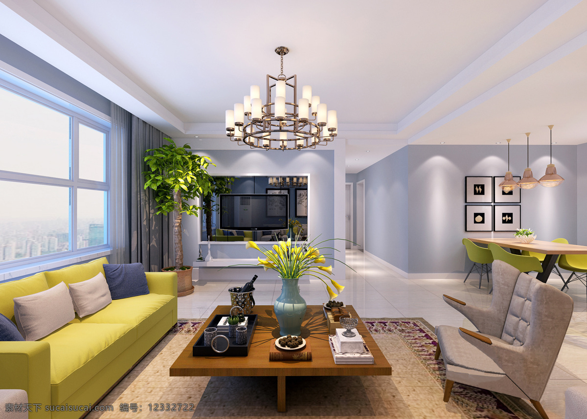 美式 清新 亮丽 水晶 吊灯 客厅 室内装修 效果图 白色地板 褐色地毯 客厅装修 黄色沙发