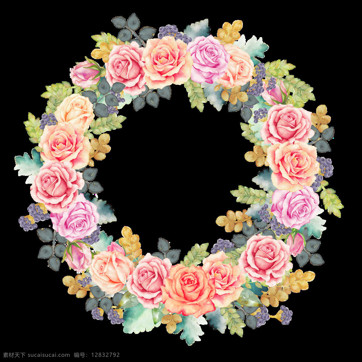 粉色 玫瑰花 手绘 花环 装饰 元素 花瓣 花环图案 花景 浪漫风情