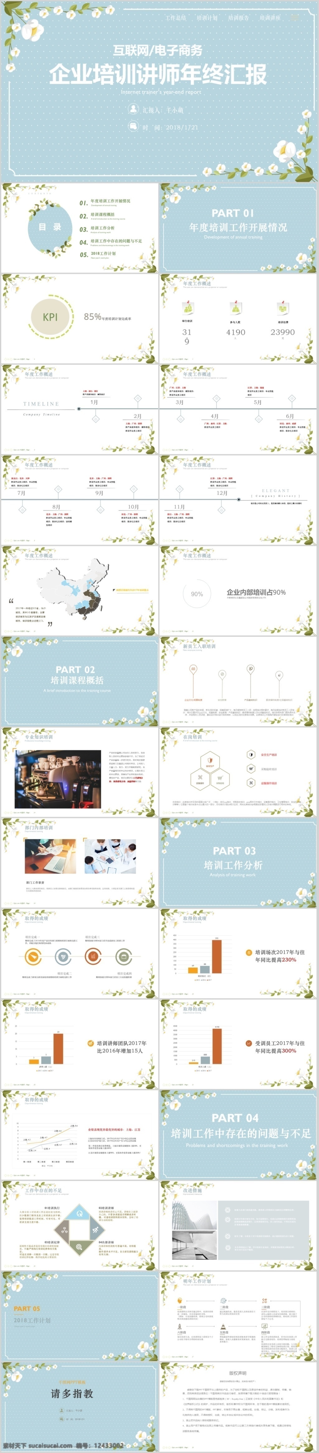 浅蓝色 小 花朵 清新 培训 师 课 讲 模板 2018 工作汇报 花纹 计划 免费 年终总结 浅色系 森系 小清新 演讲