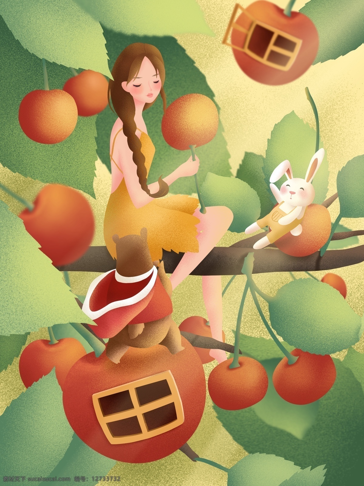 原创 手绘 插画 创意 水果 女孩 樱桃 植物 清新 手绘插画 兔子 熊