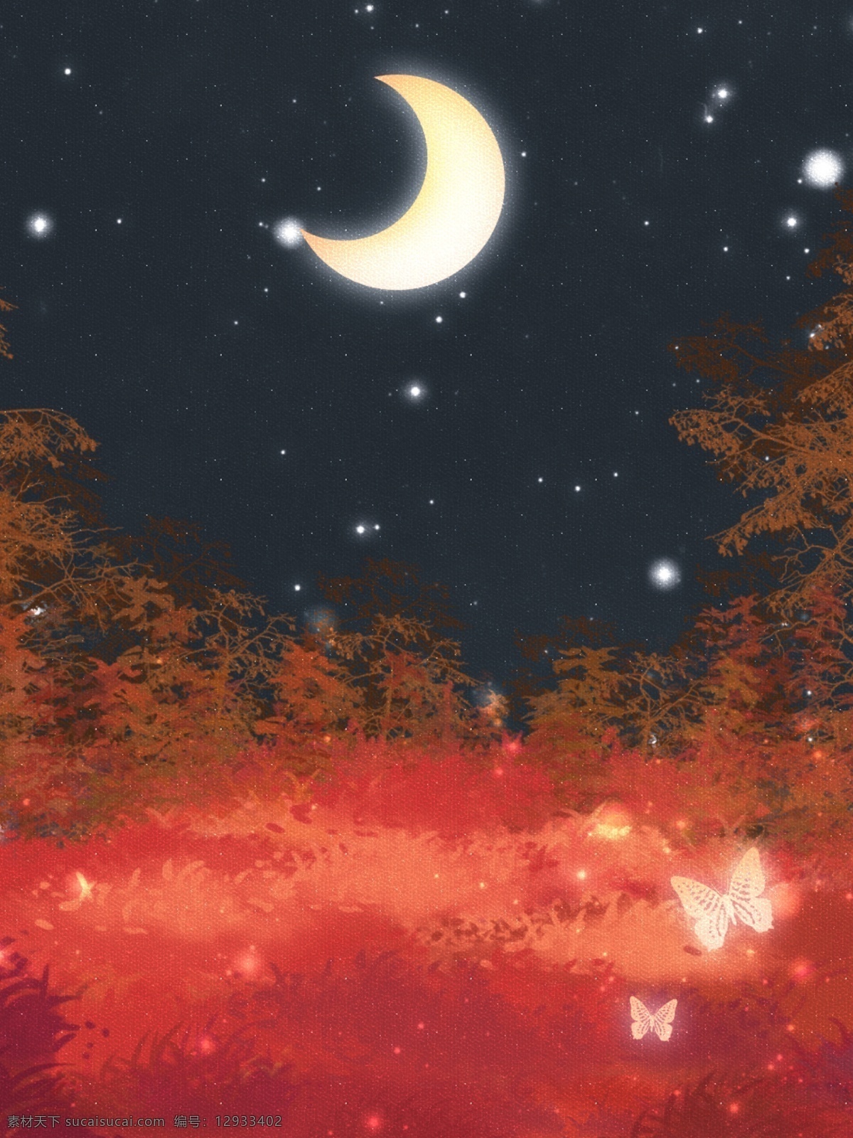全 原创 手绘 红色 枫叶 夜晚 森林 背景 树叶 月亮 唯美背景 星空月色背景 竖版背景 枫叶林