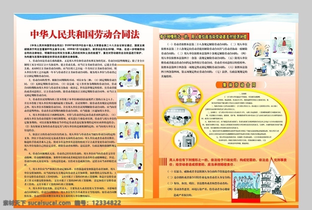 劳动合同法 劳动 合同法 图解 集体劳动合同 劳动图解 劳动调解 劳动用人 劳动合同期限 劳动法律援助 老有所养 宣传栏 展板模板 矢量