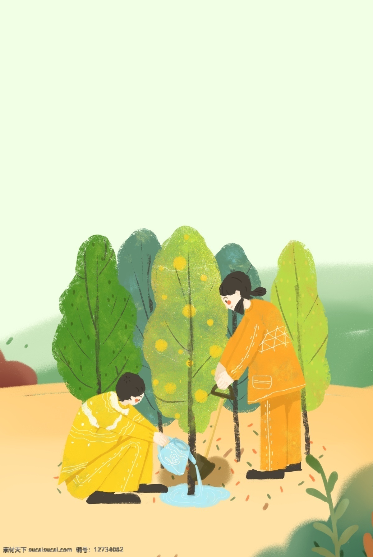 春日 公益 植树节 教育 插画 种树 出行 人物 植物 插画风 促销海报