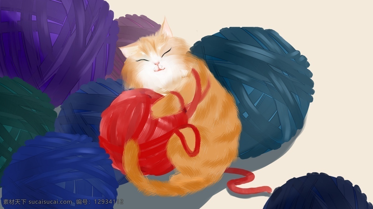 萌 宠 胖 橘 猫 玩 毛线 球 可爱 插画 萌宠 动物 胖橘猫 毛线球