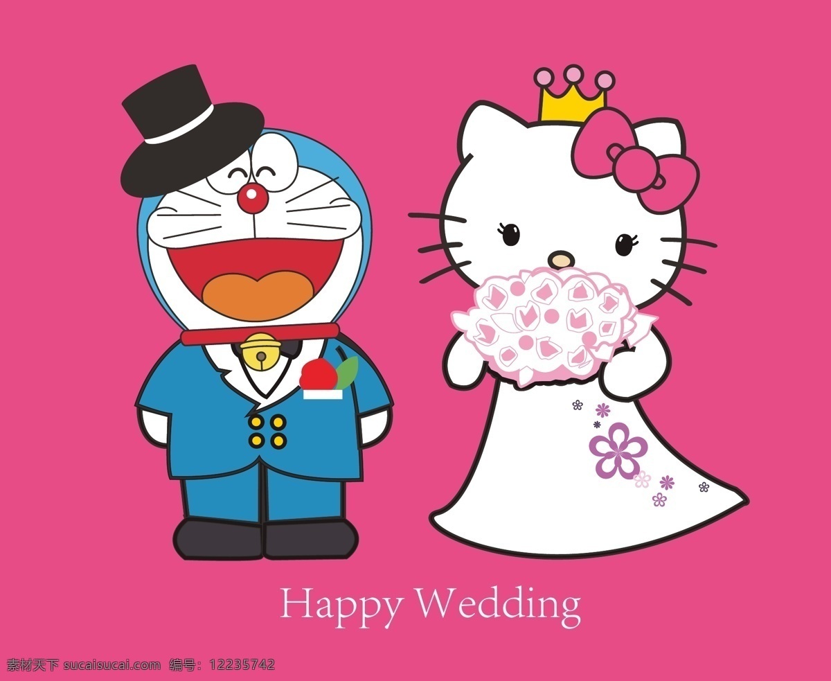 哆啦a梦 hellokitty 结婚 新郎新娘 卡通 蝴蝶结 皇冠 礼帽 可爱 搞笑 婚礼 婚礼设计 节日庆祝 文化艺术 矢量