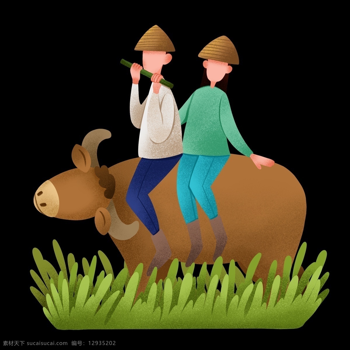 清明节 放牛 插画 放牛的夫妻 卡通的插画 清明节插画 清明 上坟 节气 节日 祭拜 吃笛子男孩