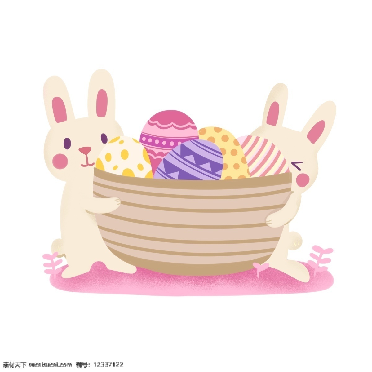 手绘 复活节 兔子 藏 彩蛋 系列 元素 两只兔子 篮子 小白兔 粉红 装饰