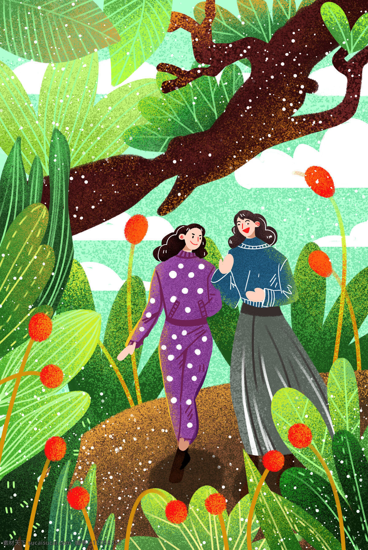 卡通 两个 女孩 树丛 中 行走 背景 底部植物 绿叶 花草 植物 夏天 扁平 手绘 插画 春天 树叶 清新 美女