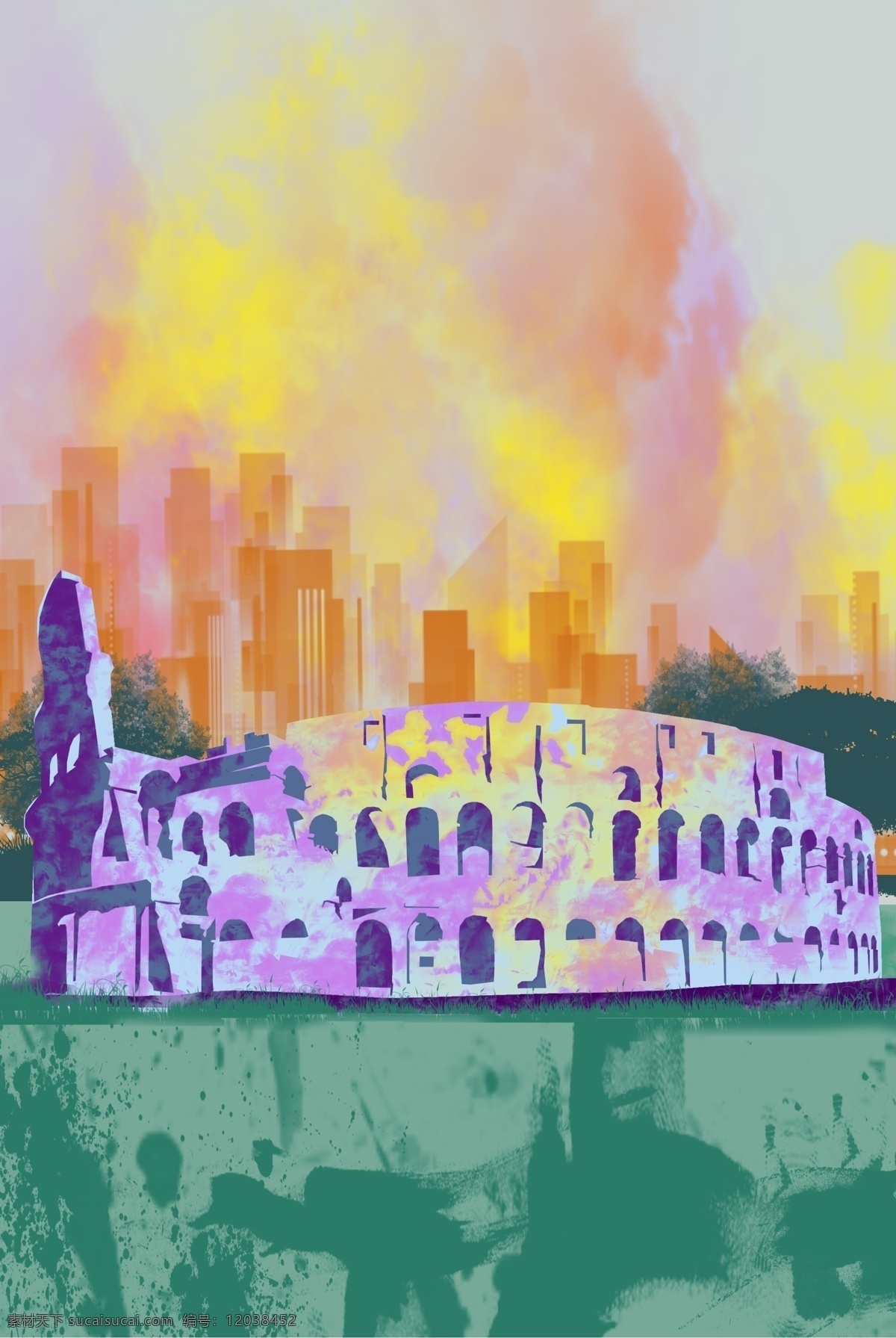罗马 斗兽场 油画 风 世界 地标 建筑 油画风 手绘插画 分层