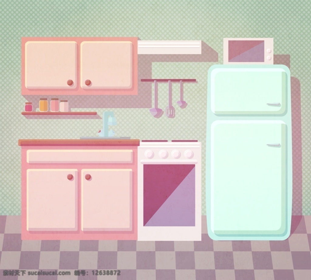 整洁厨房插画 整洁厨房 整洁 厨房 窗帘 窗户 油烟机 橱柜 冰箱 豆浆机