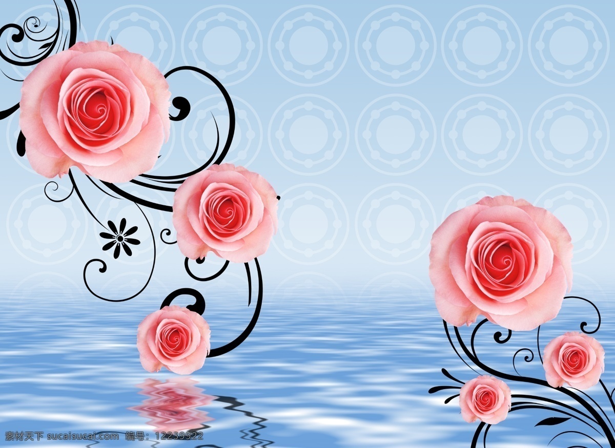 水中 玫瑰 背景墙 红玫瑰 花卉 玫瑰花 水面 线条 水中玫瑰 倒影玫瑰 psd源文件