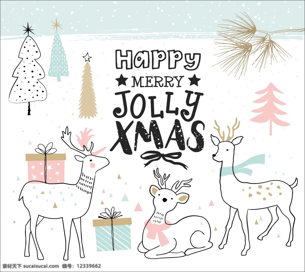 卡通 动物 麋鹿 圣诞节 海报 手绘 小鹿 节日祝福 卡片 贺卡 企鹅 冬天 圣诞 可爱 热闹 矢量