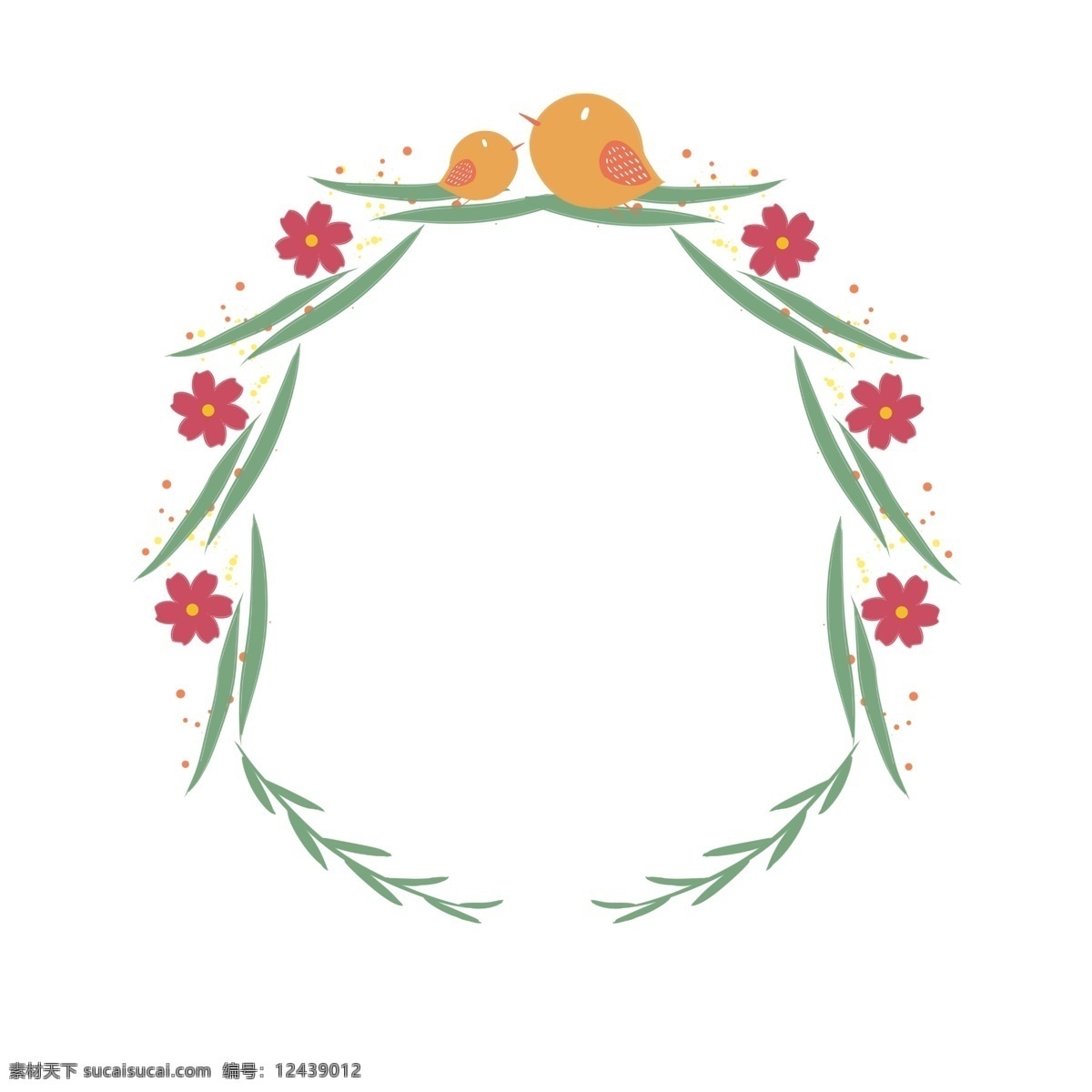黄色 小鸟 花环 插图 一对小鸟 黄色小鸟 动物装饰 红色花瓣 绿色树叶 绿色植物 树叶插画 树叶柳条