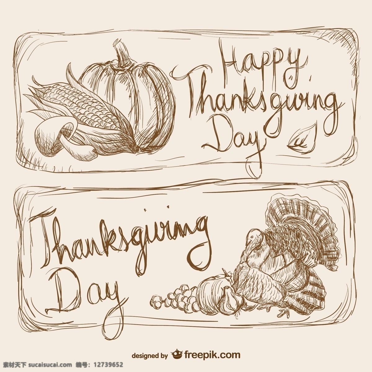 手绘 感恩节 banner day 火鸡 蘑菇 南瓜 矢量图 玉米 thanksgiving 节日素材 其他节日