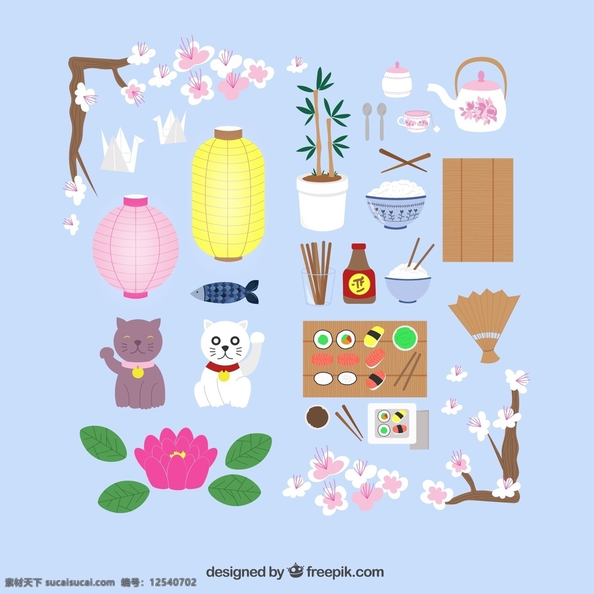 彩色 日本 元素 图标 樱花 花卉 花朵 花枝 植物 灯笼 招财猫 猫咪 小猫 荷花 绿叶 叶子 清酒 米饭 筷子 寿司 料理 折扇 竹子 茶壶 茶杯 杯子 竹板 勺子 鱼 插画 背景 海报 画册 卡通设计