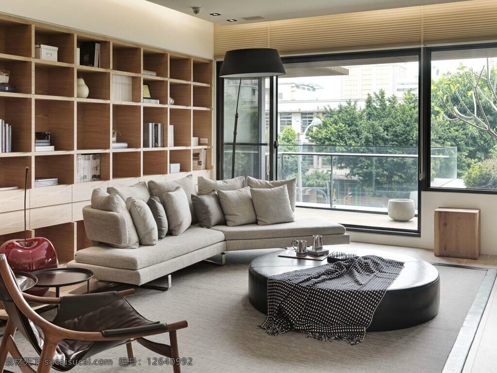 现代 雅致 客厅 米色 沙发 室内装修 效果图 客厅装修 木制柜子 浅色地毯 圆形茶几