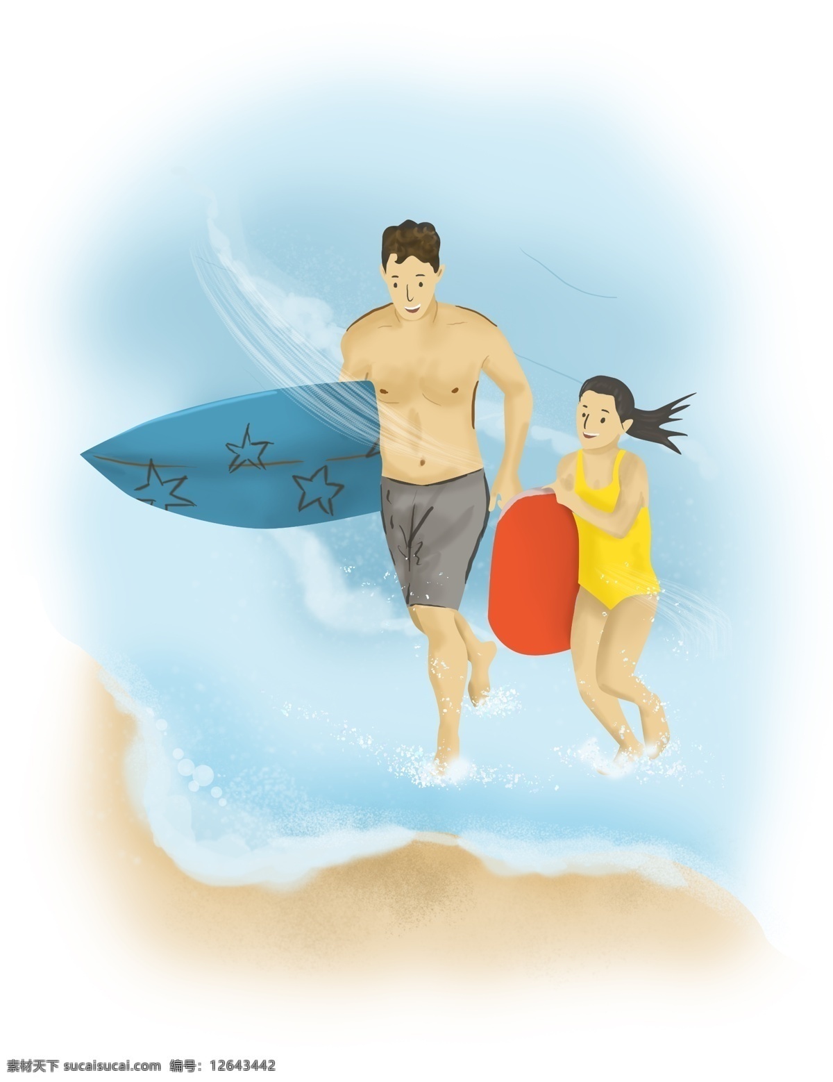 父亲节 海边 冲浪 父女 爸爸 节日 亲人 男人 开心 玩具 人物 手绘 游泳 夏季 人像 卡通 插图 插画
