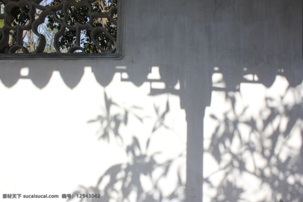 白墙 斑驳 背景 复古 古朴 花窗 建筑园林 老旧 阳光 下有 竹影 中式 墙面 陈旧 质感 投影 树影