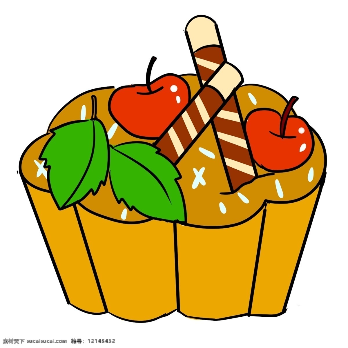 彩色 手绘 蛋糕 食物 元素 创意 美食 水果 苹果 叶子 吃的 美味 庆祝 生日 樱桃