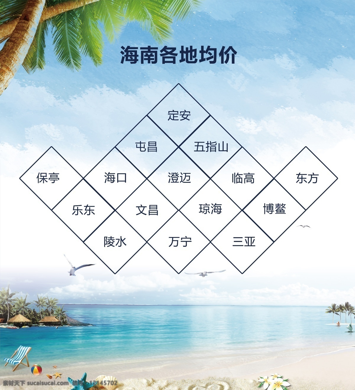 夏日 旅游 三亚 海报 星星 沙滩 椅子 海浪 海鸥