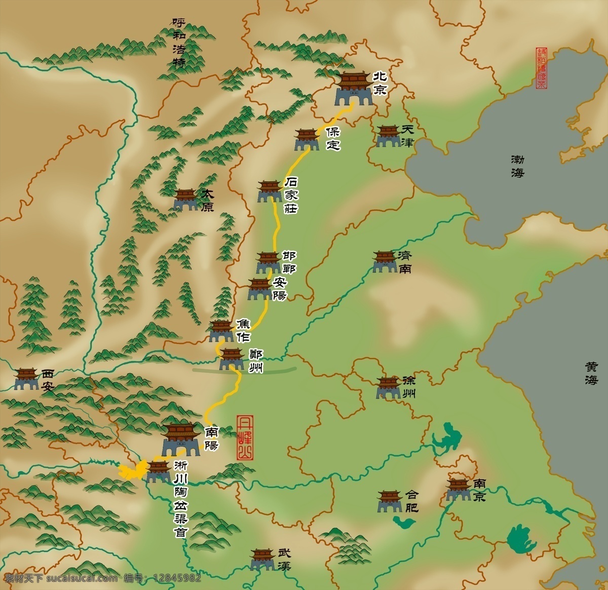 南水北调 工程 线路 示意图 复古地图 饮水思源 运河 共享图 文化艺术 绘画书法
