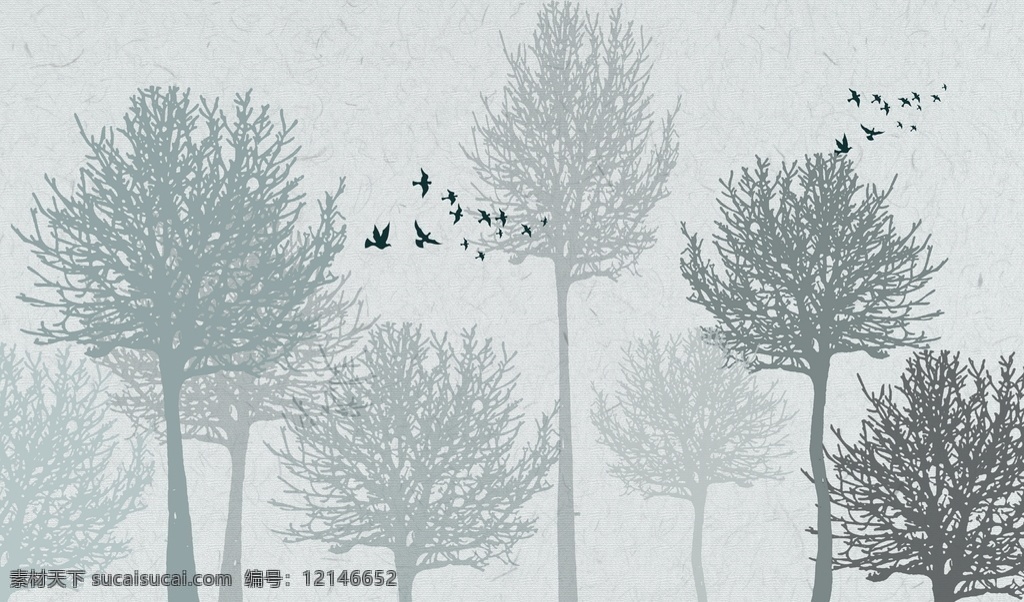北欧 灰色 树影 飞鸟 树 装饰 背景 画 树叶 浅色 水墨 单页海报 自然景观 自然风光