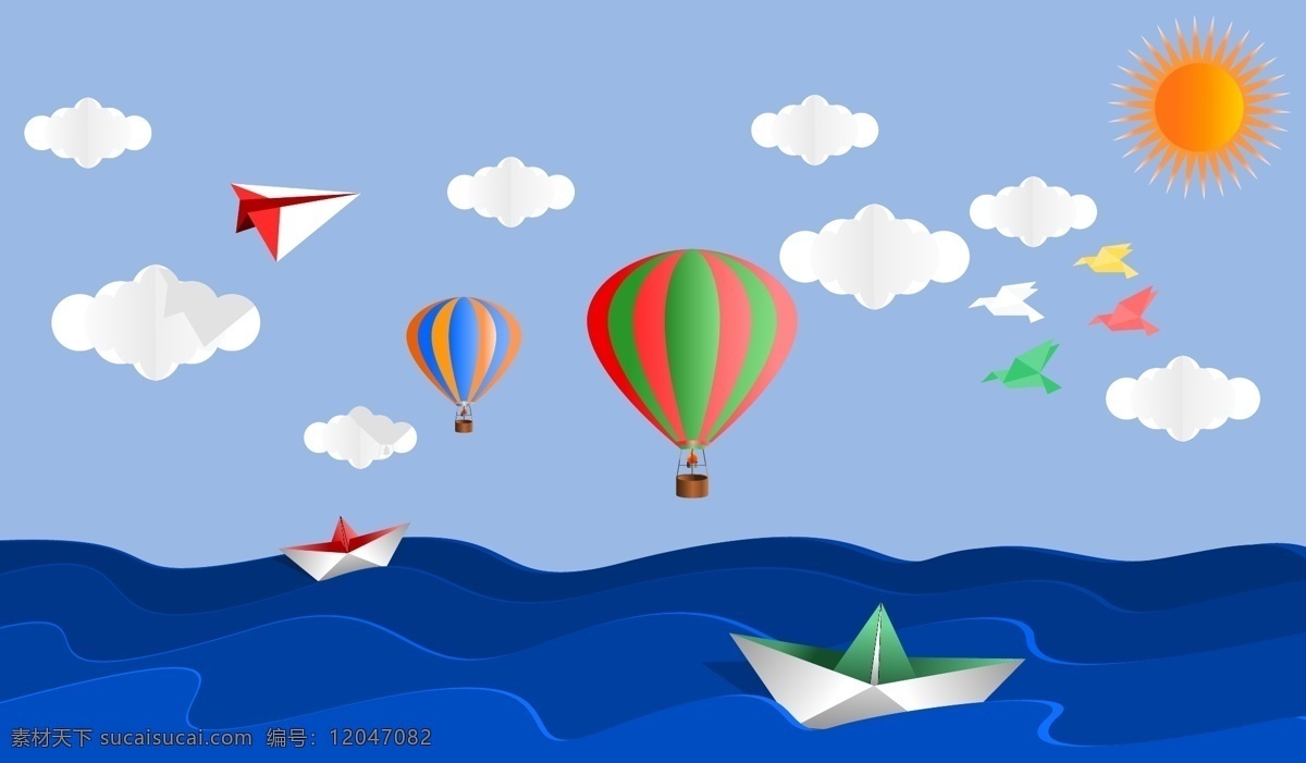 剪纸 风格 热气球 卡通热气球 气球背景 白云 矢量 庆祝 卡通设计 海面 海水 小船