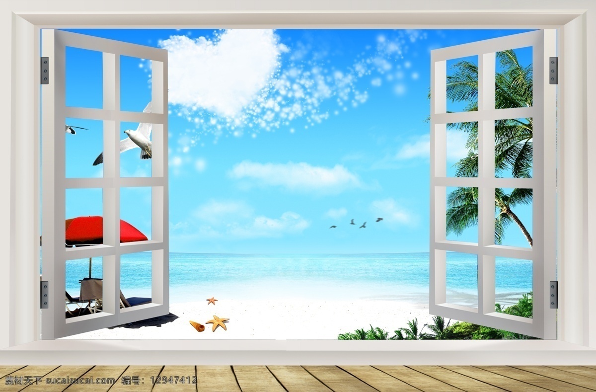 窗外海景 窗外风景 电视背景墙 窗外 风景 背景墙 海滩 沙滩 大海 椰树 海景房 落地窗 窗户 开窗 景色 分层 展板模板