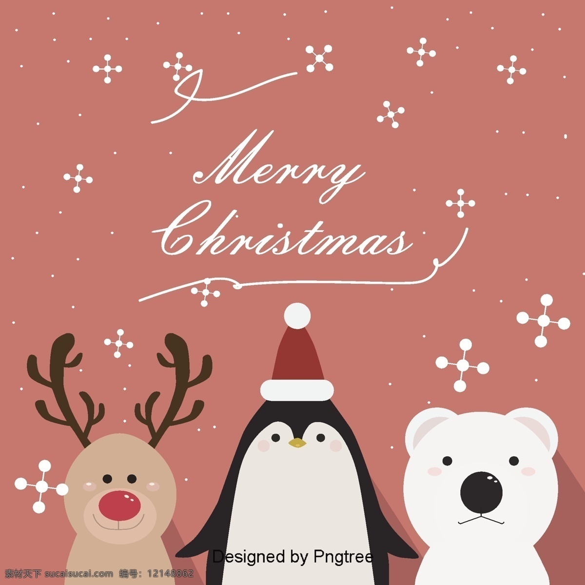 背景 光 红色 风格 可爱 圣诞 卡片 梅花鹿 企鹅 小 熊 雪 祝 圣诞快乐
