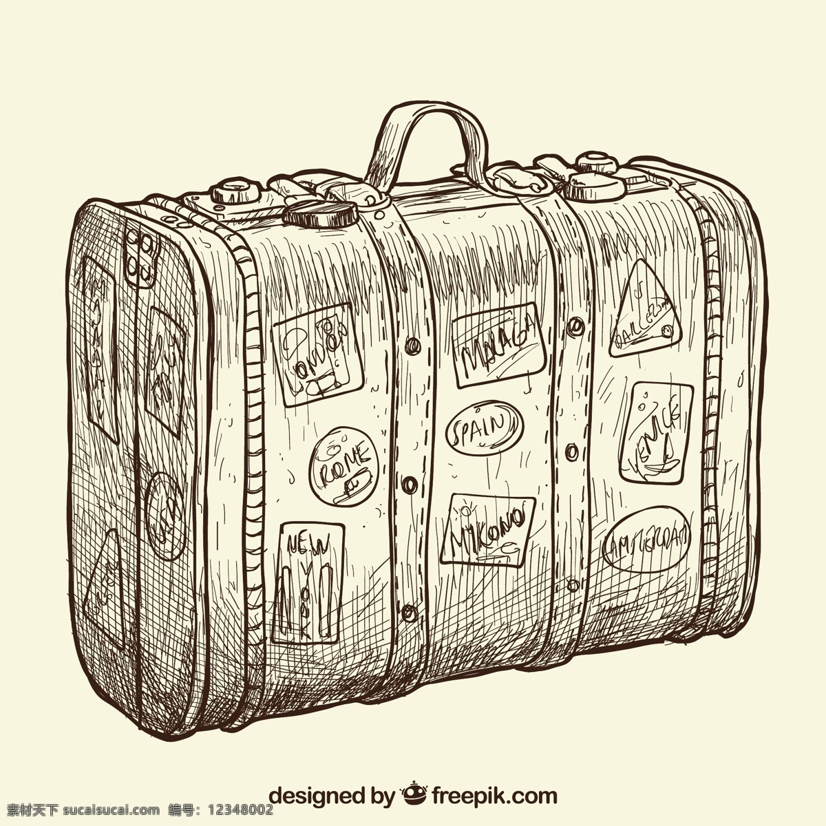 手绘的手提箱 葡萄酒 旅游 一方面 复古 手绘 绘画 插图 手提箱 行李 老式复古 拉行李 粗略 白色