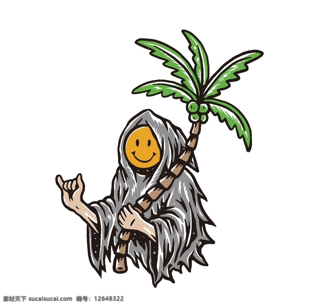 卡通 插画 元素 笑脸 人 恶魔 椰子树 夏天 矢量 表情 背景 印花 衣服印花元素 裤子印花元素 袜子印花元素 动漫动画