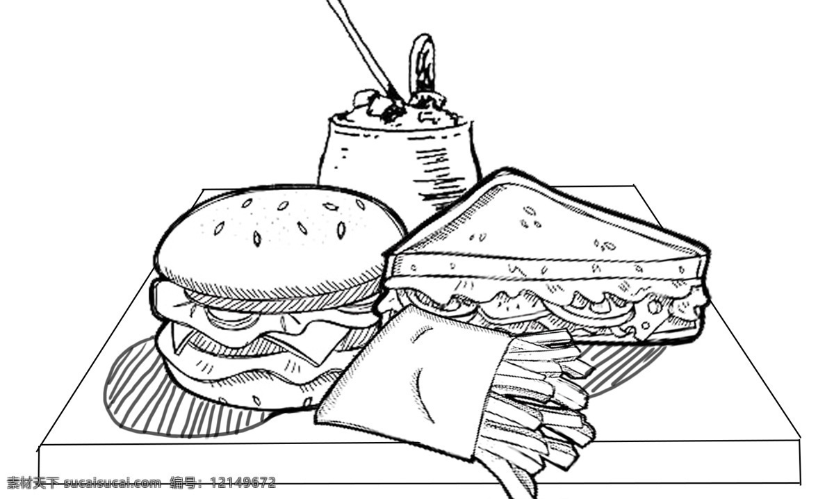 西式 快餐 手绘 简笔 汉堡 薯条 三明治 饮料 食品 生活百科 餐饮美食