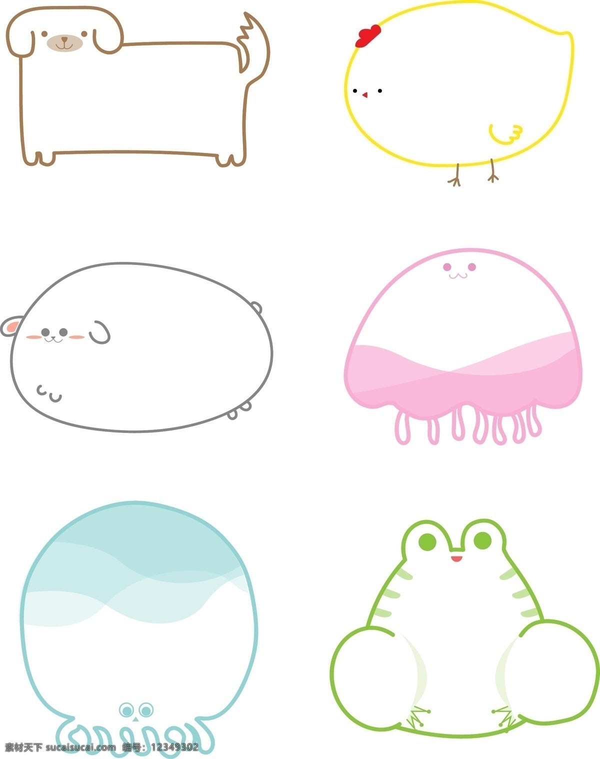 卡通 可爱 动物 气泡 边框 矢量 插画 元素 套 图 狗 鸡 垂耳兔 水母 章鱼 青蛙