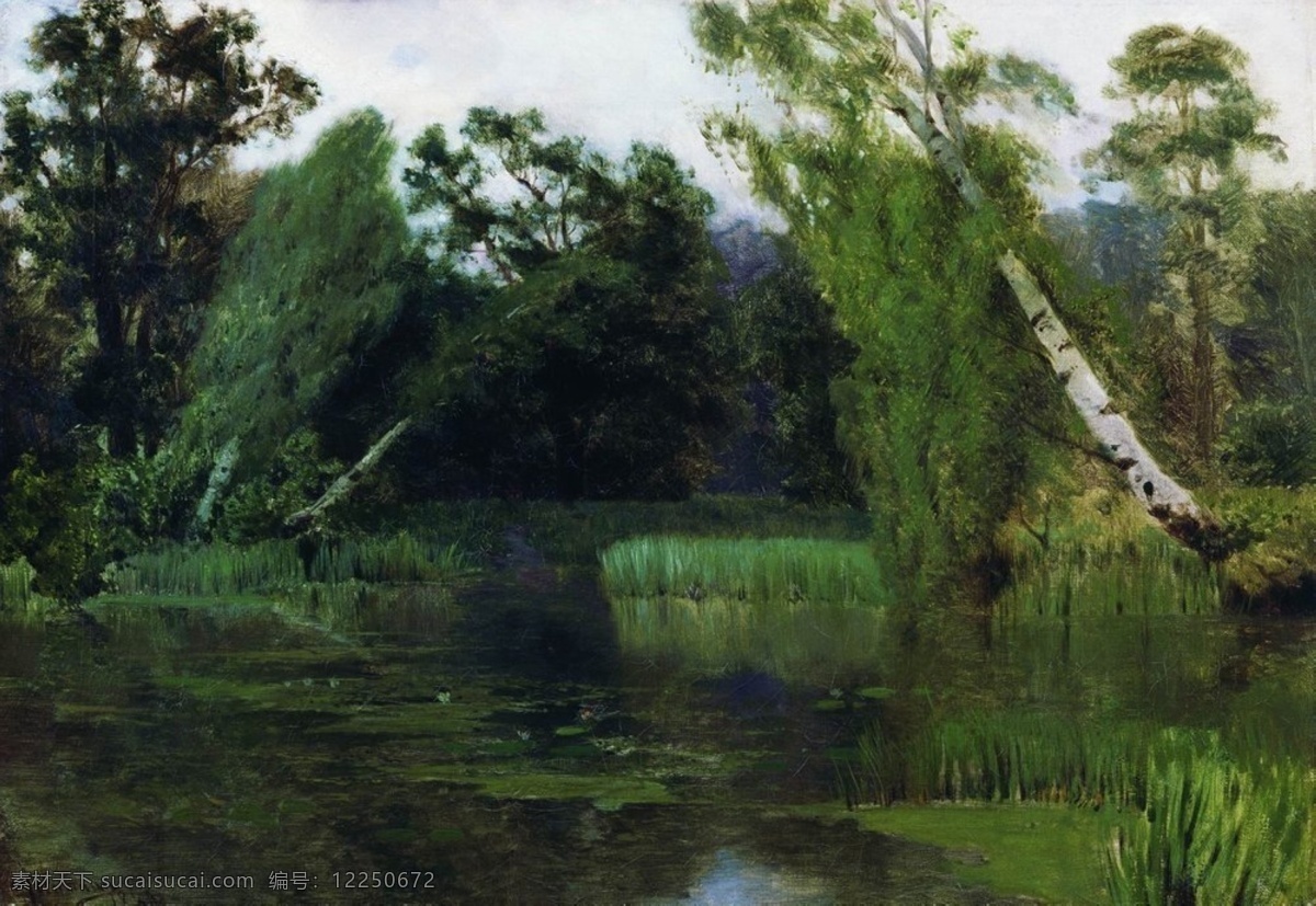 俄罗斯 风景 油画 池塘 树林 绘画书法 文化艺术