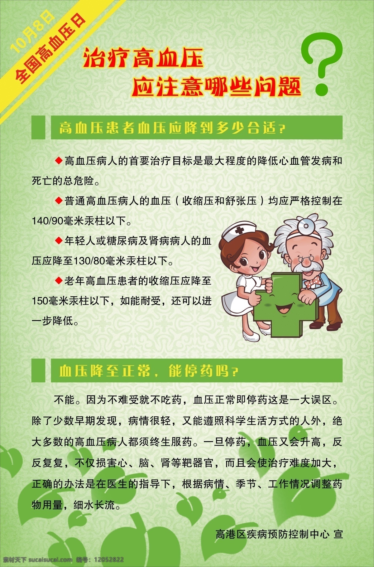 高血压宣传日 高血压宣传 高血压 注意事项 绿色背景 绿色树叶 卡通医生护士 分层 源文件