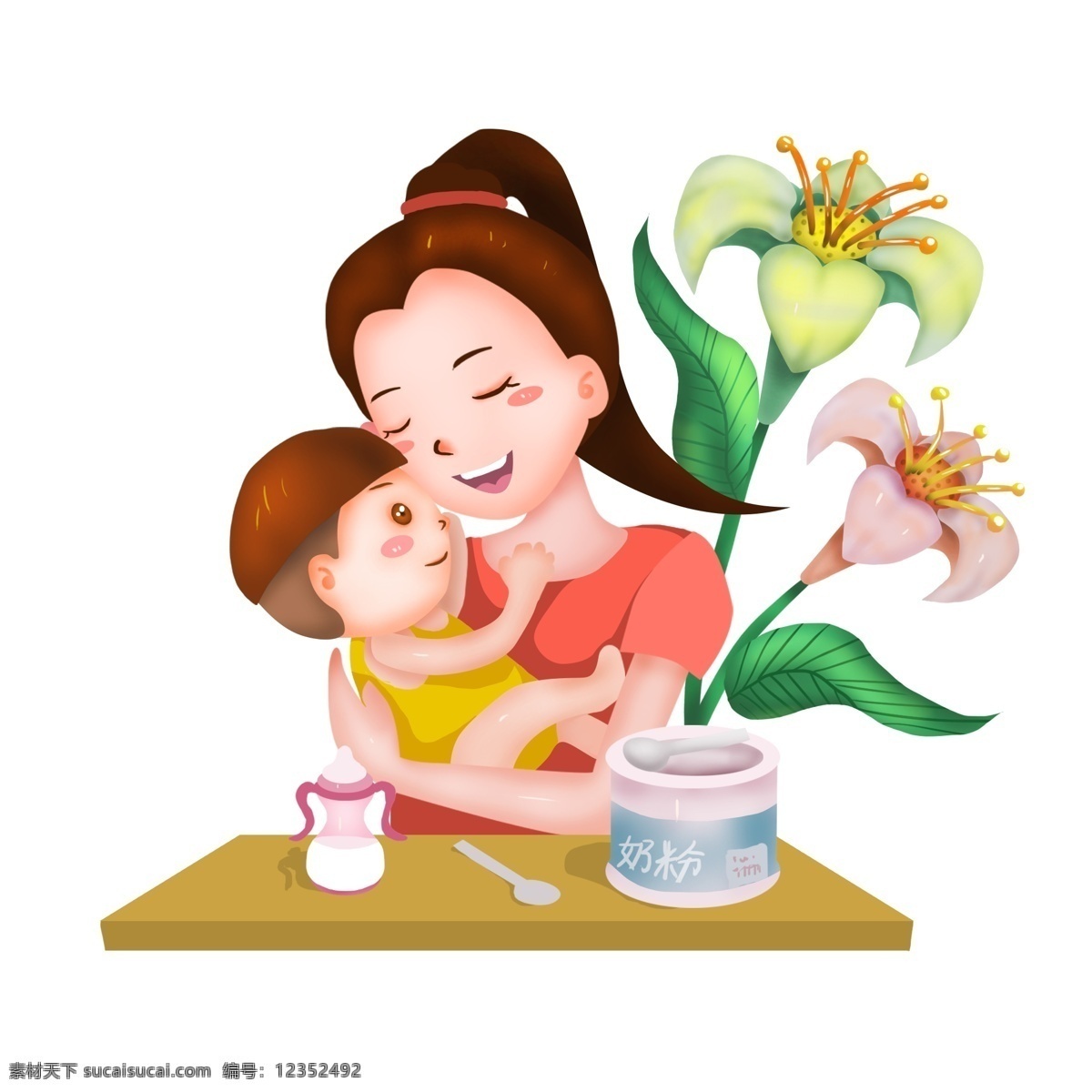 商用 母亲 抱 婴儿 鲜花 手绘 场景 可商用