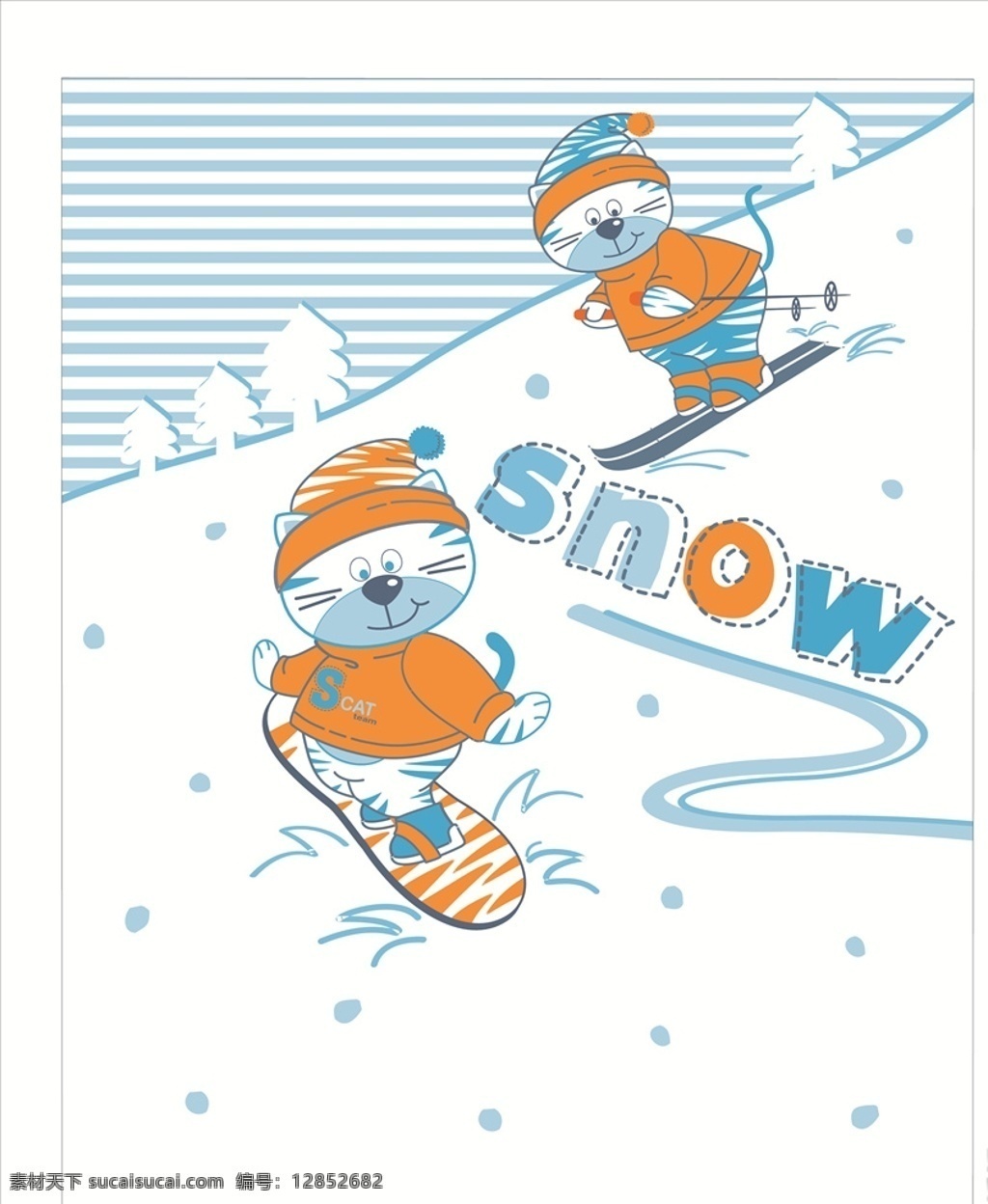可爱 卡通 猫 滑雪 矢量图 服装设计 男装设计 女装设计 箱包印花 男装印花 女装印花 童装印花 潮流服装印花 潮牌设计 面料印花 布料印花 贴纸图案 卡通动物 拟人动物 可爱卡通动物 动画片 卡通形象 可爱卡通 童装卡通 小猫 卡通猫 滑雪板 雪山 滑板 雪橇 帽子 可爱卡通猫 矢量图案共享