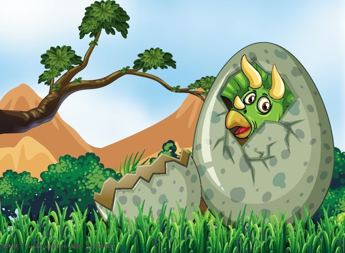 恐龙孵蛋场景 森林 树木 草地 灌木丛 蛋壳 鸡蛋 分层