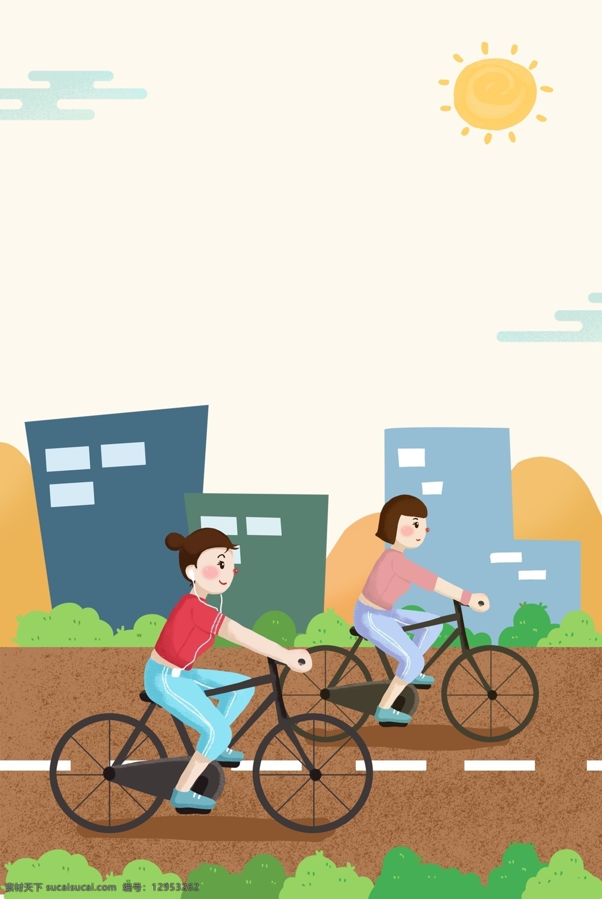 健康 单车 运动 背景 全民运动 骑车 楼房 太阳 云朵 草丛 树叶 简约 手绘
