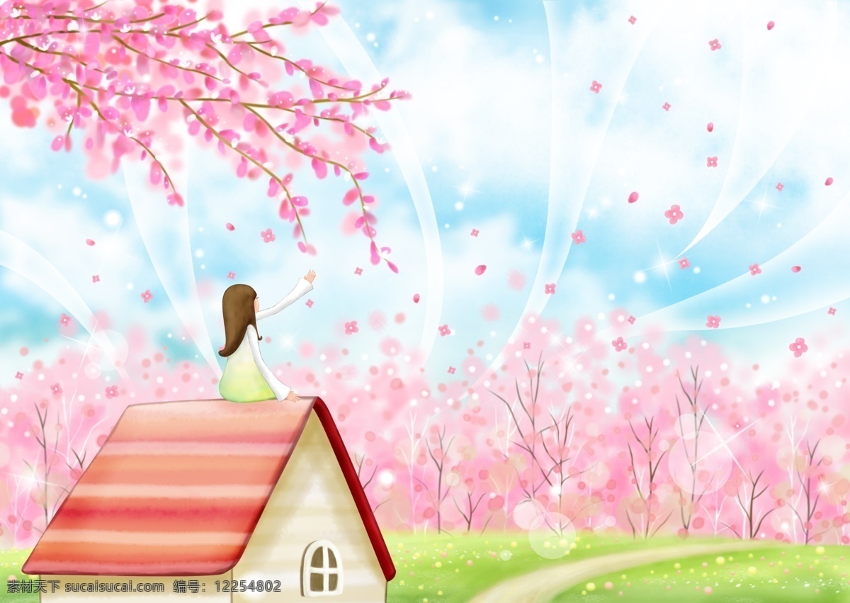 水彩 风格 坐在 屋顶 女孩 春天 粉色树林 花 树枝 房子 屋顶上的女孩 花瓣 光晕 星光 蓝天 白云 草地 水彩画效果 白色