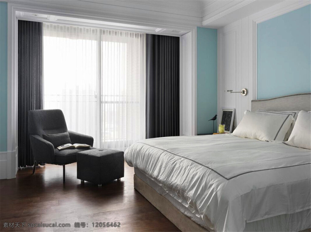 简约 卧室 床头 蓝色 背景 装修 效果图 灰色窗帘 灰色沙发 落地窗 木地板