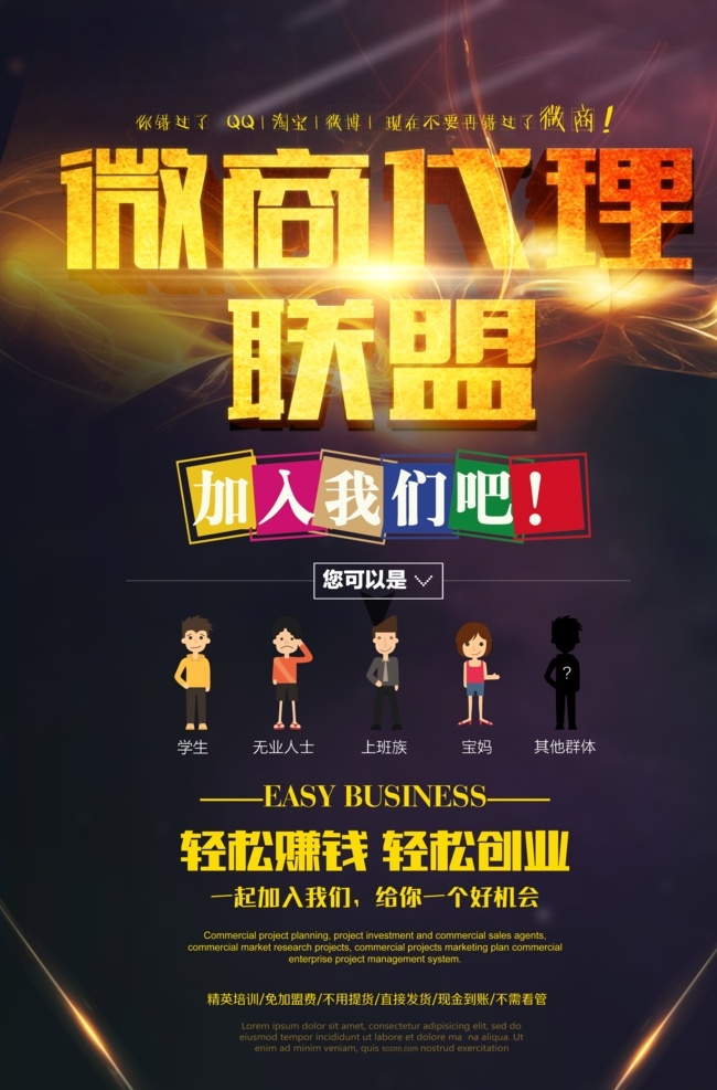招商 加盟 微 商 代理 海报 微商 联盟 加入 轻松 赚钱 卡通人物 分层